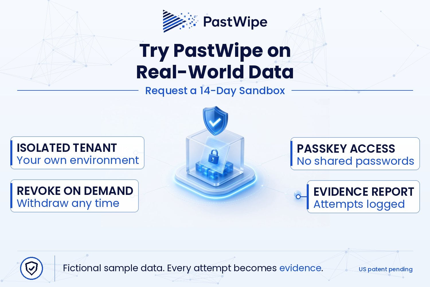 PastWipe sandbox: isolated tenant, passkey access, revoke on demand, evidence report